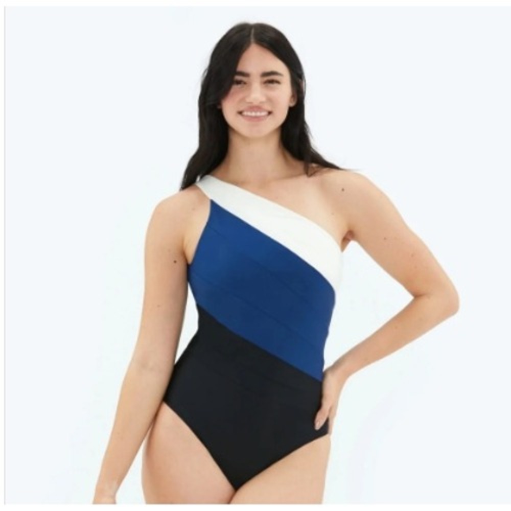 Summersalt One-Piece Swimsuit Women 8 Blue White Black Colorblock Asymmetrical